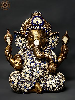 9" Blessing Lord Ganesha Brass Idol with Inlay Work