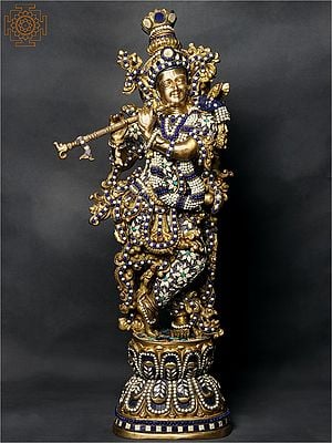 29" Lord Krishna Playing Flute | Brass Statue with Inlay Work