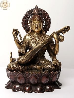 12" Devi Saraswati Idol - Goddess of Wisdom Brass Statue