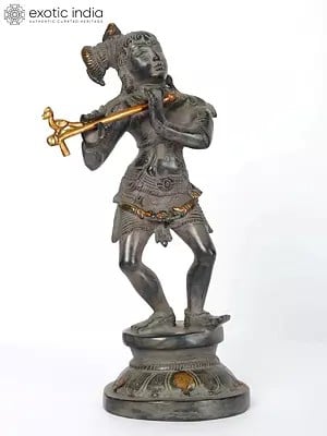 11" Brass Lord Krishna Idol Playing Flute on Pedestal