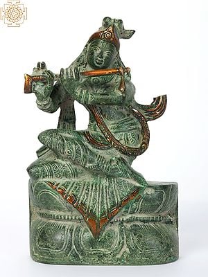 7" Brass Krishna Idol Playing Flute Seated on Pedestal