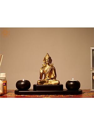 12" Brass Buddha Statue with Wooden Candle Stand