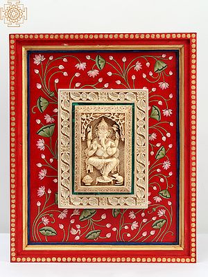 15" Framed Chaturbhuja Lord Ganesha | Wood and Resin | Wall Hanging