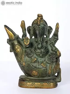 7" Lord Ganesha Brass Statue Sitting on Conch Pedestal