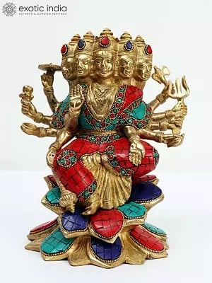 9" Five Headed Goddess Gayatri Seated on Lotus | Brass Statue with Inlay Work