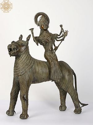 Tribal Goddess Durga Bronze Statue Seated On Lion
