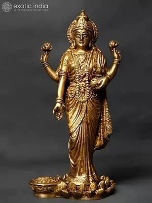 10" Goddess Lakshmi Brass Idol with Wealth Pots Standing on Lotus Pedestal