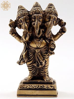 6" Three Face Lord Ganesha Idol Standing on Pedestal | Small Brass Statue