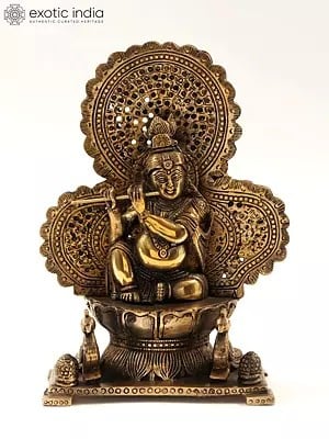 11" Lord Krishna Statue Sitting on Throne and Playing Flute