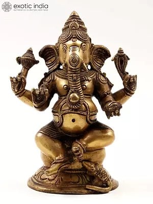 8" Four Hands Seated Ganesha Brass Statue | Gajanana Idol