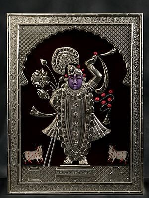 48" Large Lord Shrinath Ji Wall Hanging Frame | White Metal and Paint
