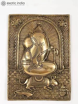 11" Brass Stylized Wall Hanging Ganesha Idol on Mushak Sawari