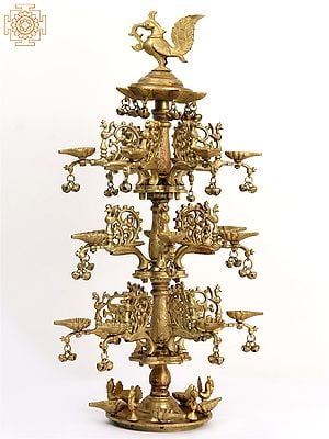 23" Multiple Wicks Peacock Lamp with Dangling Ghungroos in Brass