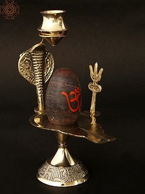 Marble Narmadeshwar Shiva Lingam | Abhishek Patra with Trident and Nag in Brass