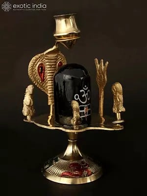 Shiva Linga Black Stone Idol with Shiva Family Brass Figure