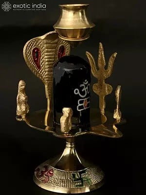 5.5" Large Shiva Linga With Trishul Shiva Family | Brass Figure | Black Stone