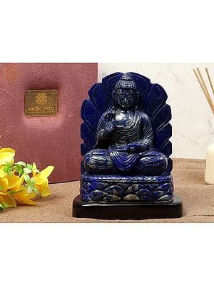 Buddha Statue in Lapis Lazuli Gemstone | Black Agate Base With Gift Box
