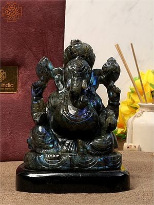 God Ganesha Labradorite Gemstone Statue  | Black Agate Base With Gift Box