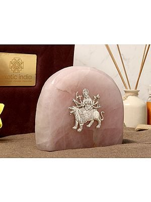 5" Natural Rose Quartz Stone | Goddess Durga Sterling Silver Art With Gift Box