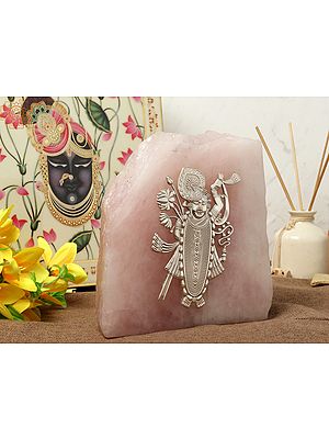 7" Natural Rose Quartz Stone With Silver Shrinath Ji With Gift Box