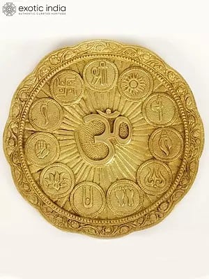 9" Auspicious Symbols of Hinduism with Om on Brass Wall Hanging Plate