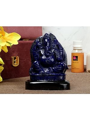 4" Small Lapis Lazuli Gemstones Ganesh God Statue on Black Agate Base with Gift Box