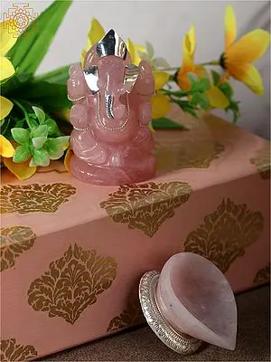 Natural Rose Quartz Lord Ganesha and Diya