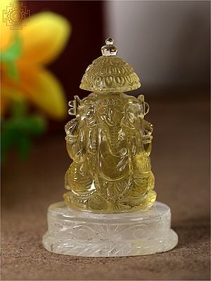 3" Small Premium Citrine Lord Ganesha Idol with Chattar on Crystal Base | Fine Carving
