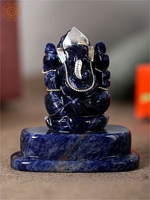 3" Small Lord Ganesha With Natural Lapis Lazuli With Silver Ornaments