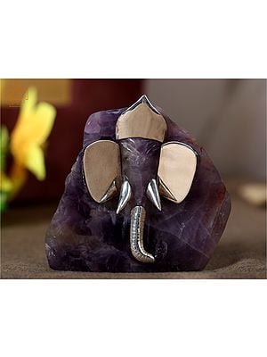 4" Small Natural Amethyst Smoke Stone God Ganesha with Silver Ornaments