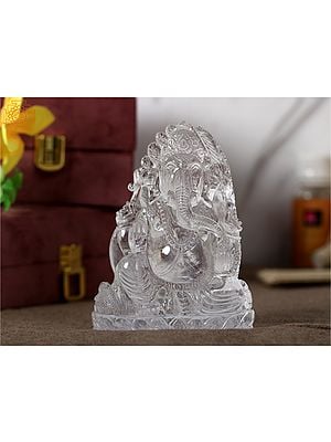 5" Small Clear Crystal Quartz Lord Ganesha Seated With Peacock