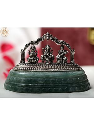 Silver Lakshmi Ganesha Saraswati Idol on Light Green Aventurine Pedestal with Gift Box
