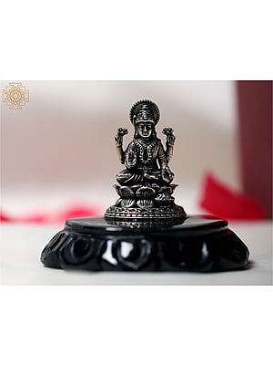 Silver Goddess Lakshmi Idol Sitting on Black Agate Pedestal with Gift Box