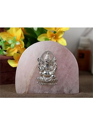5" Silver Blessing Lord Ganesha Idol on Rose Quartz Gemstone | With Gift Box