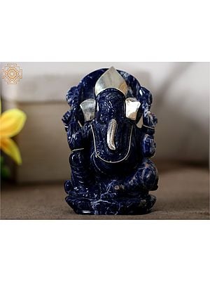 4" Small Natural Sodalite Lord Ganesha Idol with Silver Work