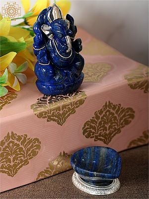 3" Small Lapis Lazuli Gemstone Blessing Ganpati Idol and Diya
