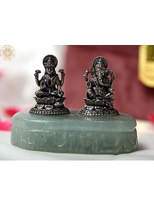 2" Small .999 Silver Lakshmi - Ganesha on Light Green Aventurine Gemstone Base | With Gift Box