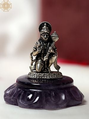 2" Small .999 Silver Blessing Lord Hanuman on Amethyst Gemstone Base | With Gift Box