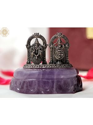 2" Small .999 Silver Tirupati Balaji (Venkateshvara) with Goddess Lakshmi on Amethyst Gemstone Base | With Gift Box