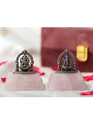 2" Small .999 Silver Ganesha Lakshmi Pair on Rose Quartz Gemstone Base | With Gift Box