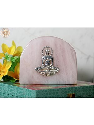 5" Small .999 Silver Jain Bhagawan Mahavir Swami on Rose Quartz Gemstone | With Gift Box