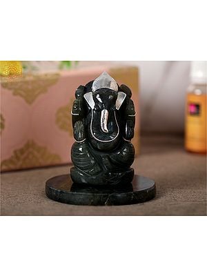 3" Small Labradorite Gemstone Ganesha Idol with Silver Work and Coaster | With Gift Box