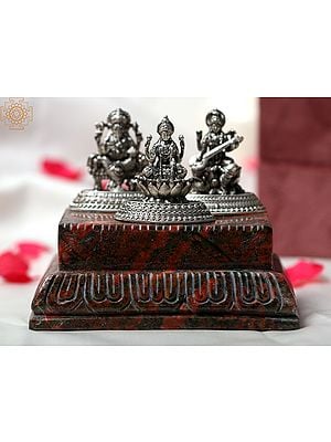 4" Small Silver Lakshmi Ganesh And Saraswati Idol with Natural Quartz Gemstone Base