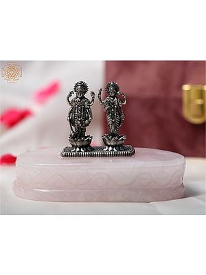 4" Small Silver God Vishnu And Goddess Laxmi Idols with Natural Rose Quartz Base