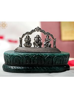 4" Small Silver Antique Lakshmi Ganesha And Saraswati Idol | Green Aventurine Base