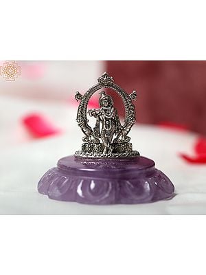 2" Small Natural Amethyst Gem Stone Base With Lord Krishna In Silver