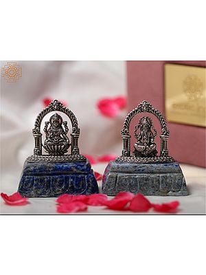 Silver Blessing Lakshmi Ganesha Seated on Lapis Lazuli Pedestal | With Gift Box