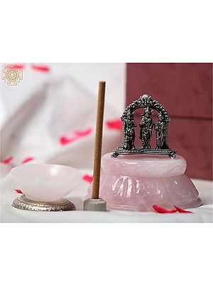 4" Small Silver Ram Darbar Idol on Rose Quartz Gemstone Base with Diya