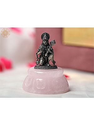 Silver Lord Hanuman Idol Seated on Rose Quartz Pedestal | With Gift Box