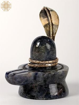 3" Small Natural Blue Gemstone Shivling with Brass Snake Head